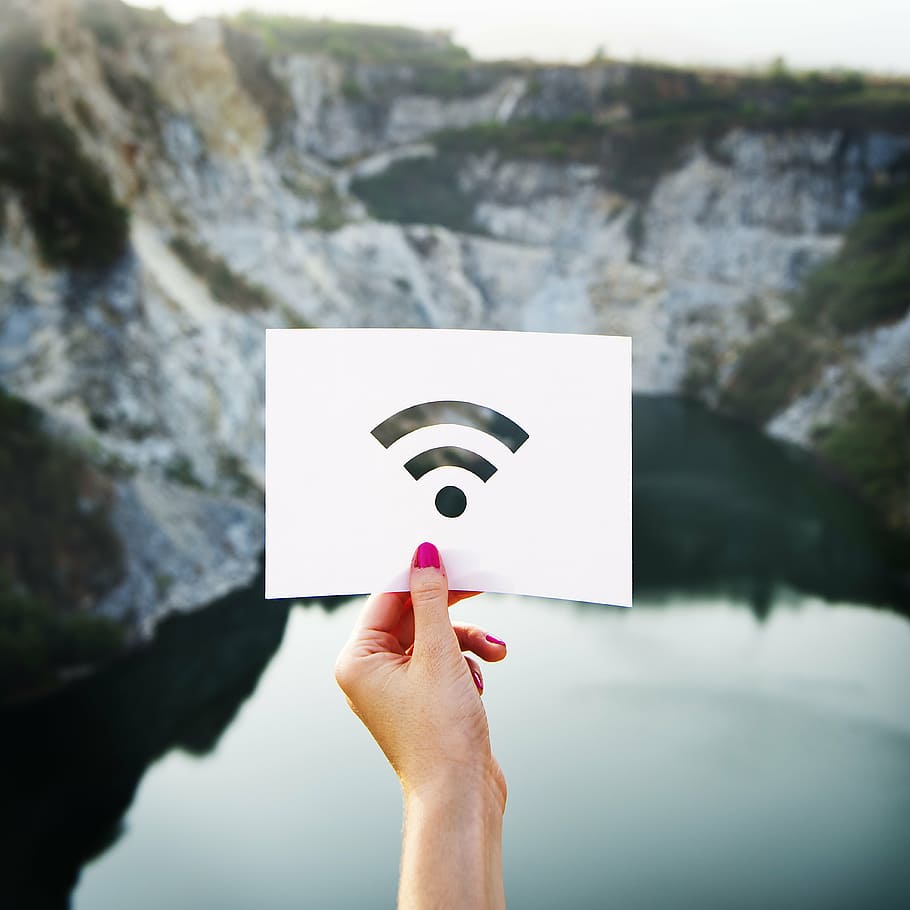 woman, showing, wifi logo, signal, travel, landscape, stencil, network, wireless, adventure