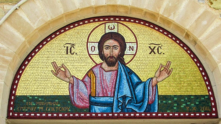 Mosaic, Jesus Christ, Cyprus, Dromolaxia, chapel, orthodox, religion, human arm, limb, mid adult