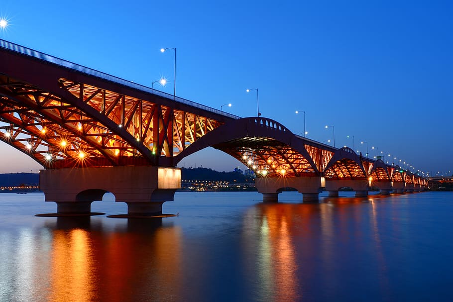 brown, bridge, body, water, korea, republic of korea, seoul, han river, seongsan bridge, night view