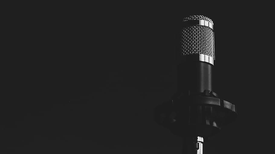 microfone condensador, microfone, música, preto, branco, aço, preto e branco, áudio, gravação, transmissão