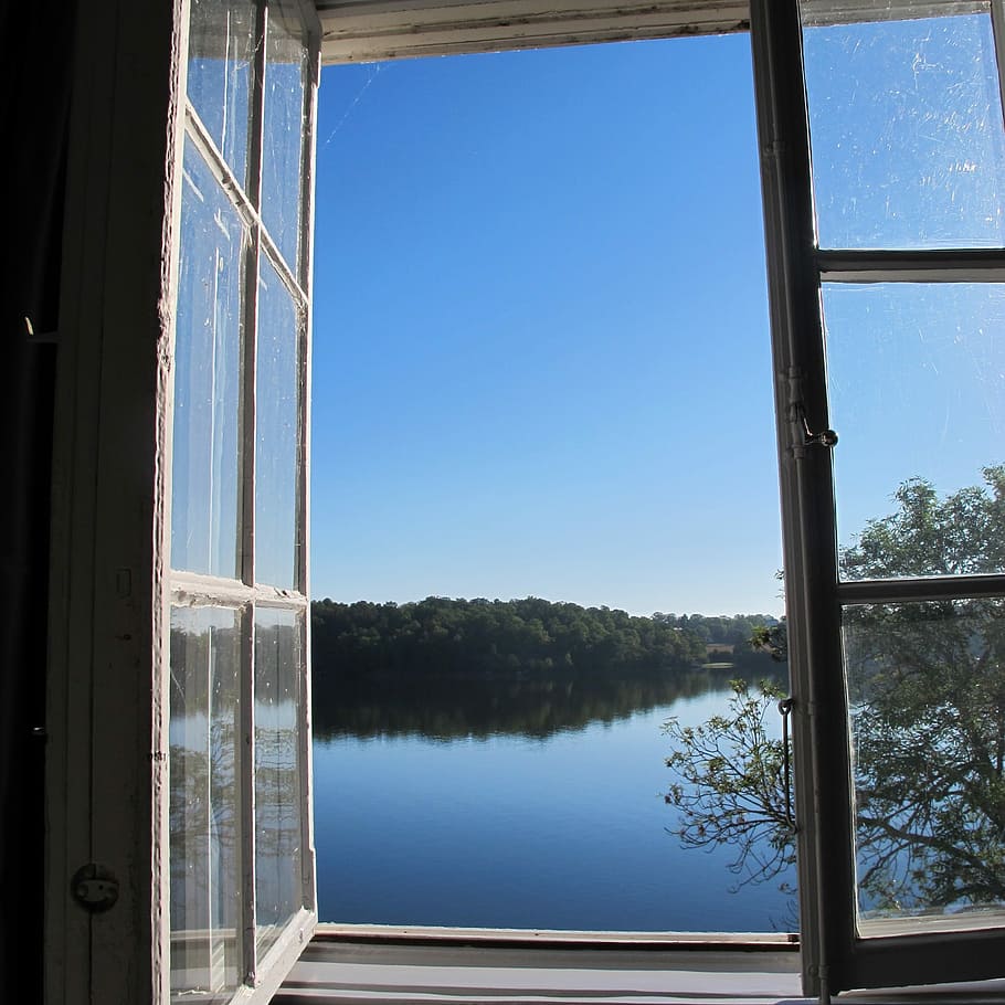 Mirroring, Water, Sweden, Himmel, Lake, window, sky, clear sky, blue, indoors