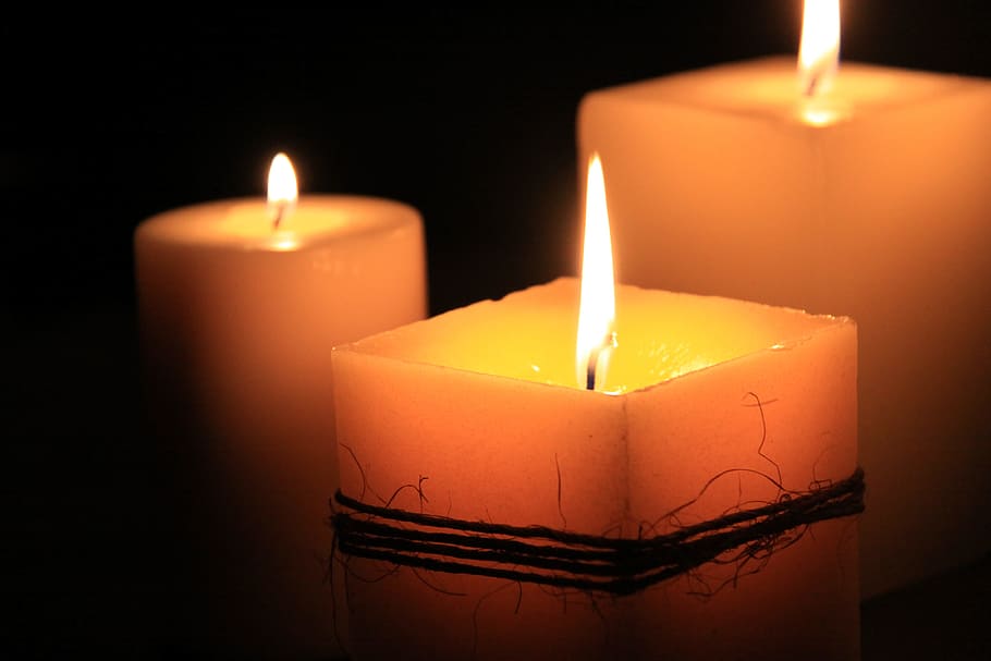 three, pillar candles photography, candles, calls, meditation, lighting, fire, tranquility, relaxation, spirituality