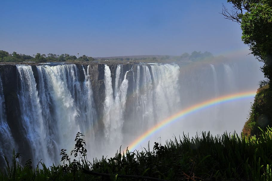 rainbow on waterfall, rainbow, waterfall, water, landscape, nature, outdoors, sky, travel, river