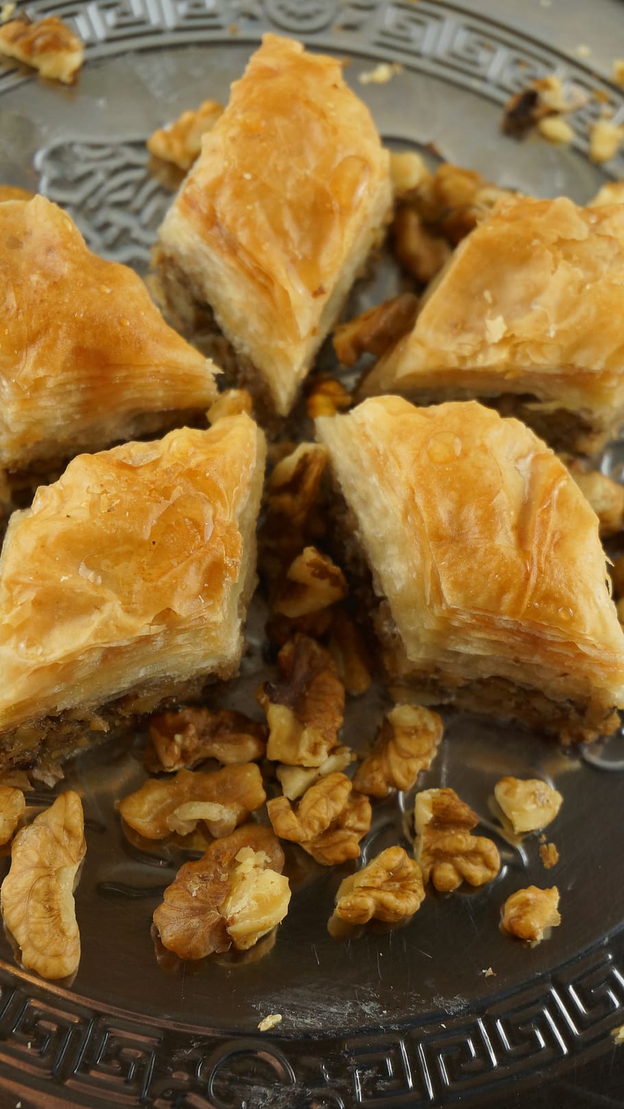 baklava with walnut, oriental kitchen, sweet pastries, food and drink, food, ready-to-eat, still life, freshness, plate, indoors
