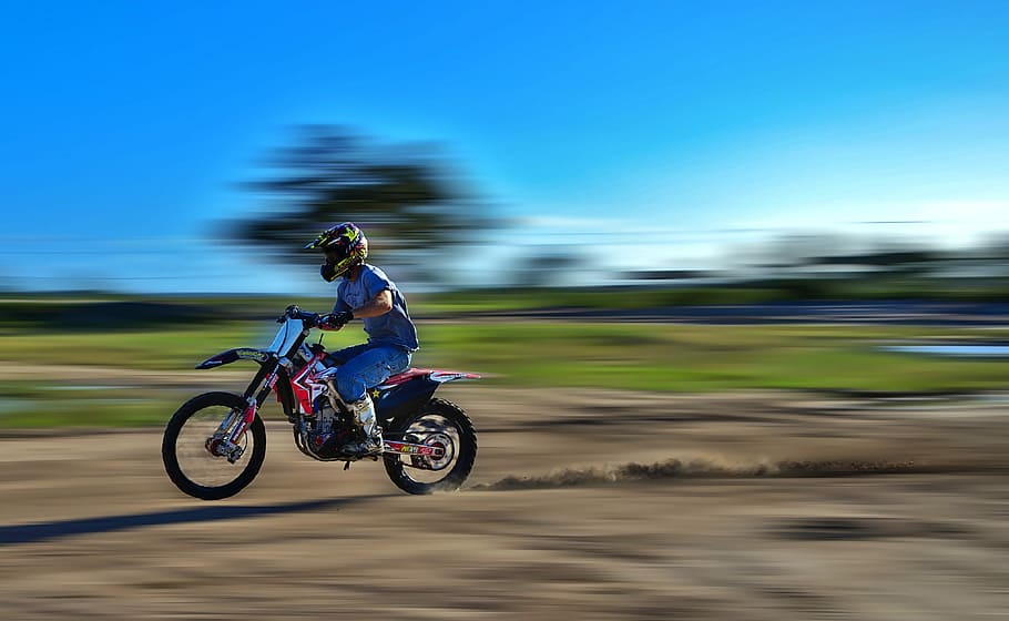 panorámica, fotografía, hombre, equitación, moto de motocross, velocidad, rápido, motocross, bicicleta de tierra, potencia