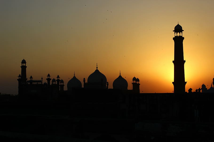 Menara, Istana, Matahari Terbenam, Lahore, Pakistan, senja, foto, domain publik, langit merah, agra