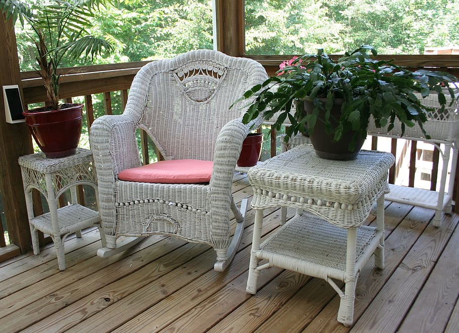 white, woven, armchair, side table, table, wicker rocking chair, porch, white table, wicker, home
