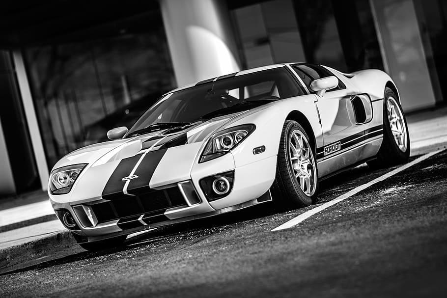 grayscale photo, super, car, supercar, gt, ford, speed, power, auto, race