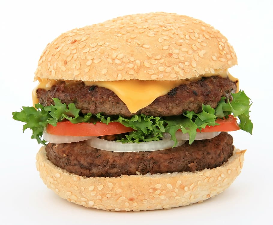 double, burger patty, tomato, lettuce, onions, cheese, sesame seeds bun, appetite, beef, big
