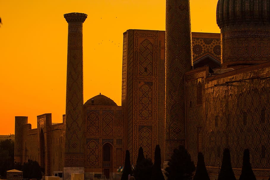 Edificio de hormigón marrón, Samarcanda, Registan, Uzbekistán, Puesta de sol, museo, religioso, monumento, religión, viajes