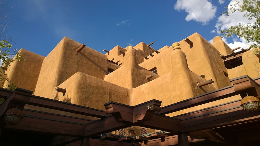 santa fe, new mexico, adobe, architecture, usa, built structure, sky, building exterior, the past, low angle view