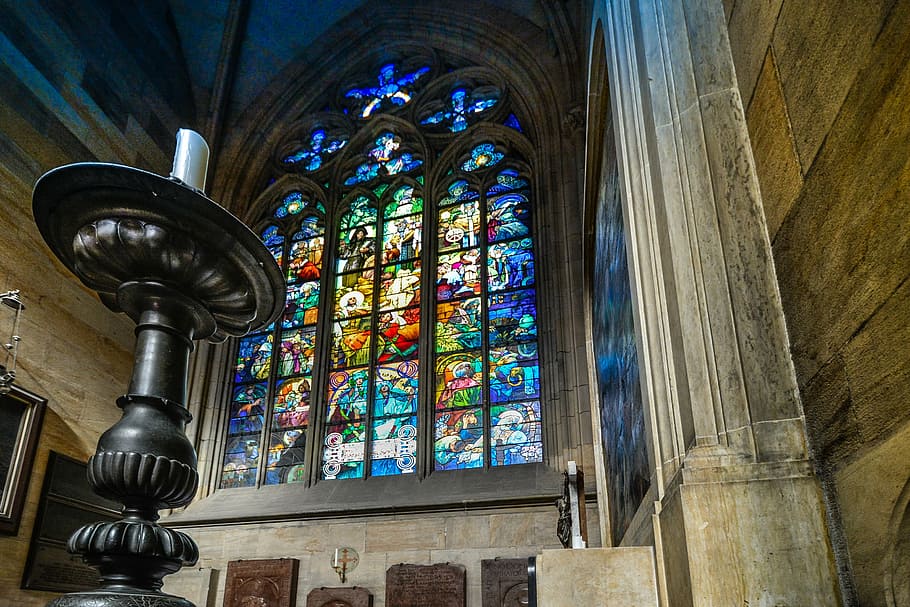 gray table lamp, vitus, cathedral, prague, stained, stained glass, glass, window, religion, religious