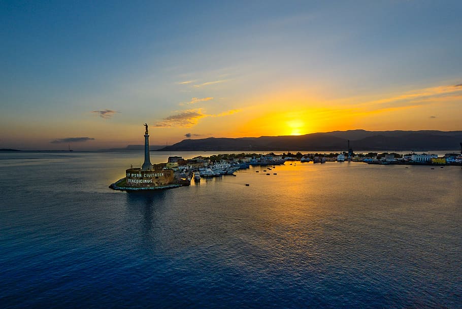 aerial, photography, lighthouse, Messina, Sicily, Port, Harbor, Sunset, sunrise, mediterranean