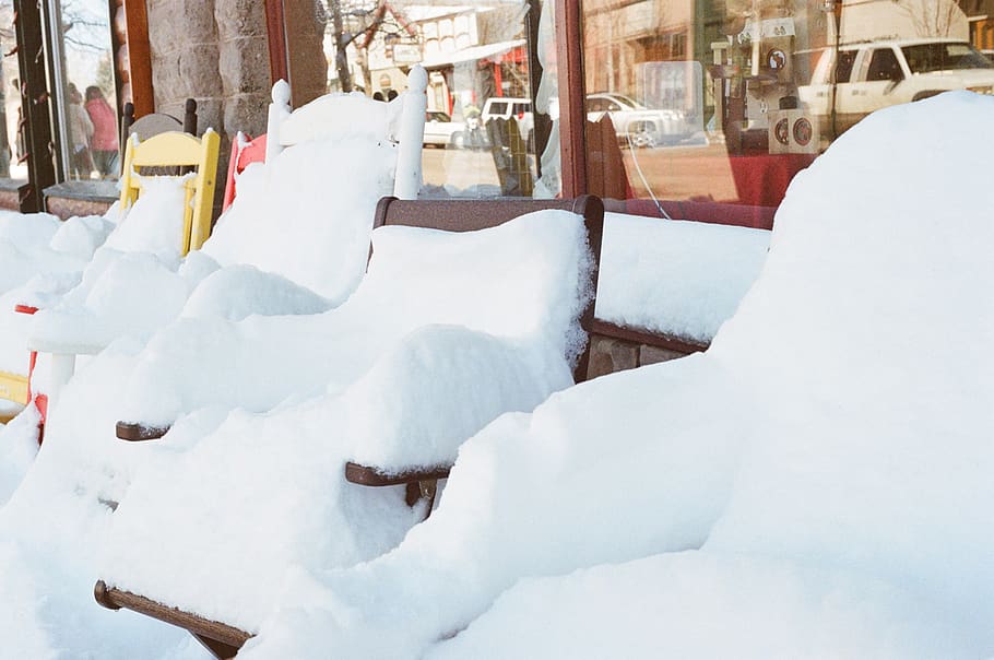 snow, chairs, winter, cold, windows, store, cold temperature, white color, frozen, day