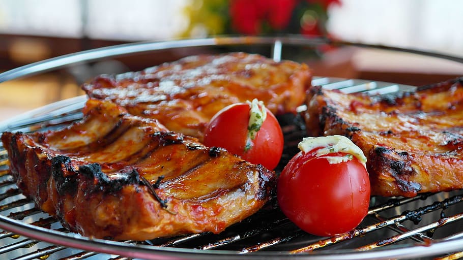 baby, back, ribs, grilled, grilling tray, red, tomatoes, spare ribs, grill, bbq