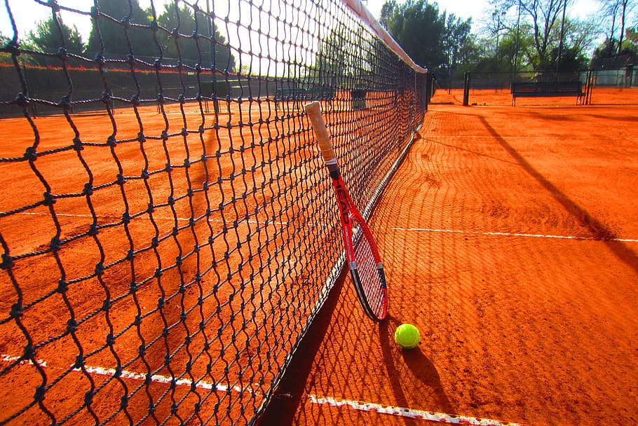 vermelho, preto, raquete de tênis, inclinando-se, líquido, esporte, bola de tênis, tênis, rede de tênis, tribunal