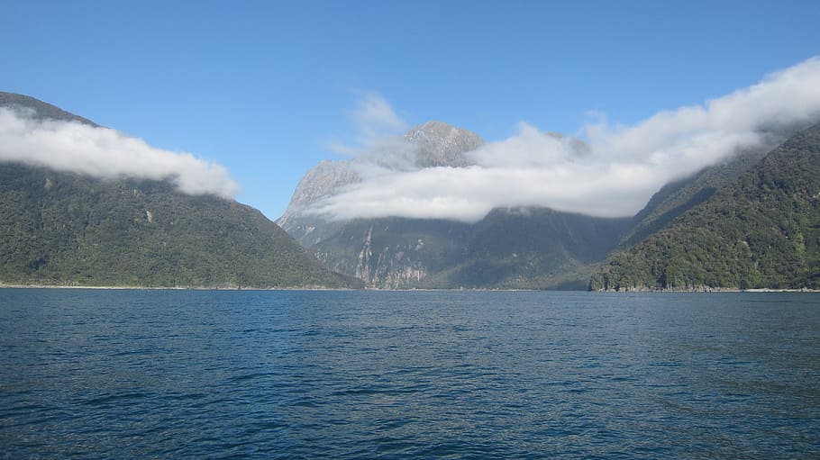 milford sound, new zealand, sea, water, mountains, clouds, nature, landscape, scenic, sky