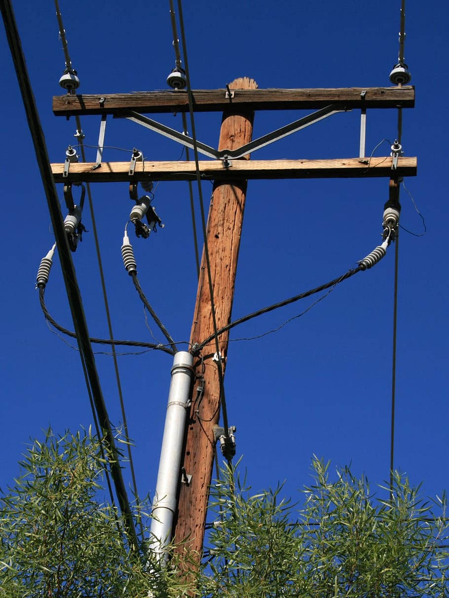 power, pole, electricity, electric, cable, wire, current, utility, blue, sky