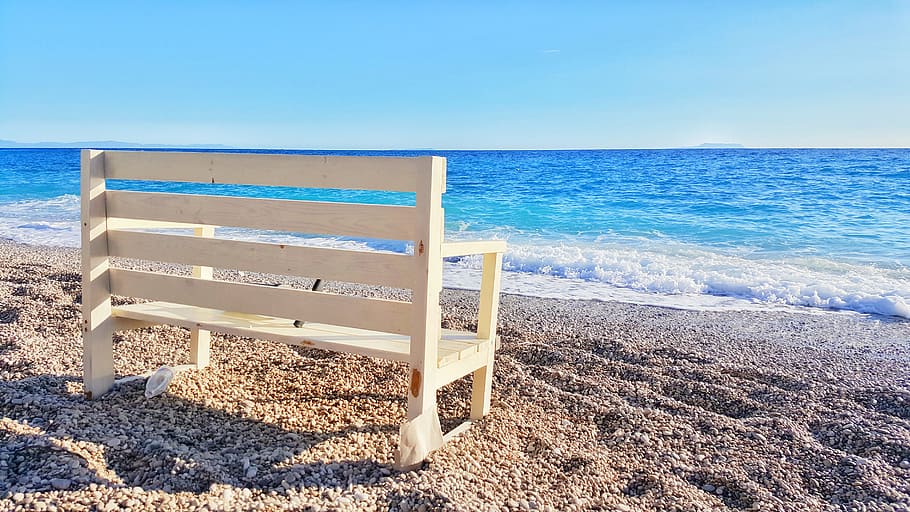 white, wooden, bench, beach, chair, sand, summer, sun, sunrise, sunset
