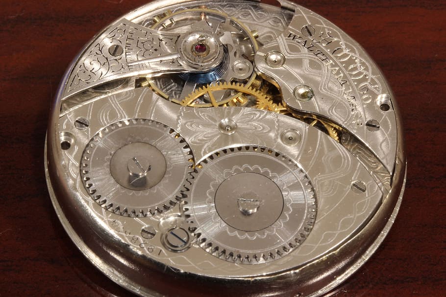 round silver-colored, mechanical, watch, clockwork, parts, pocket watch, inside watch, clock, time, metal