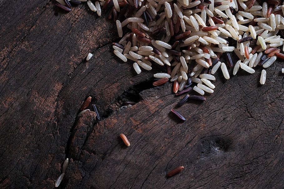 grains on surface, rice, brown, ruby, organic, black, jasmine, grain, red vita, planting