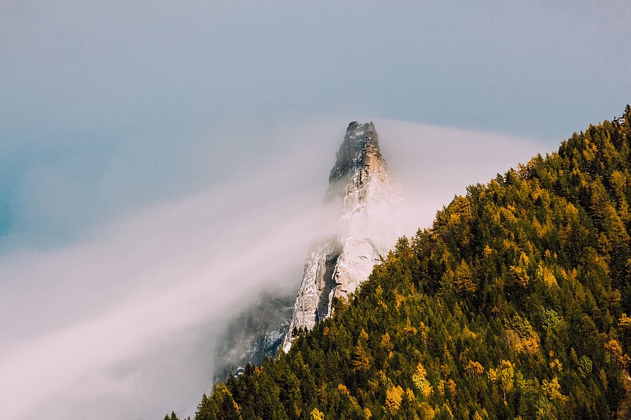 sky, clouds, fog, mountain, valley, trees, plant, nature, autumn, beauty in nature