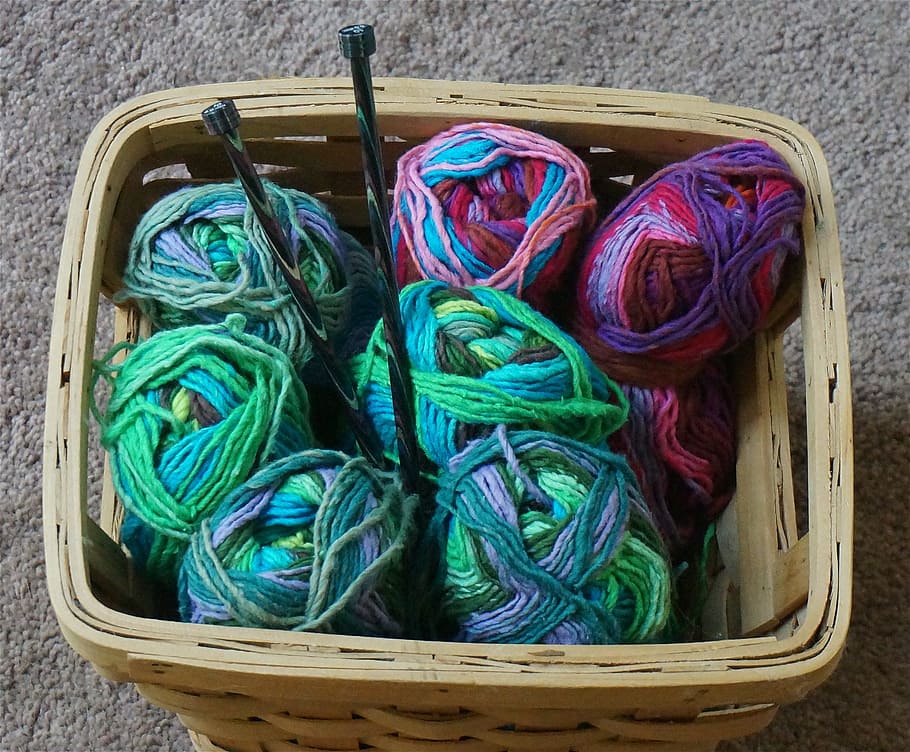 Basket, Knitting, Yarn, knitting basket, knitting, yarn, variegated, wool blend, thick and thin, knitting needles, colorful