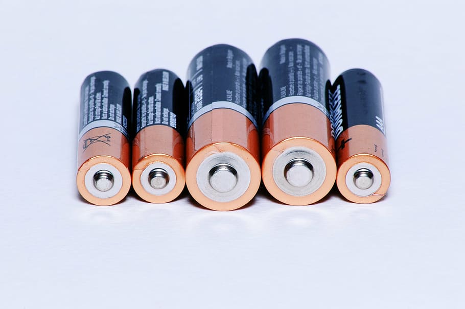 five duracell batteries, battery, energy, supply means, charging, source, equipment, indoors, studio shot, close-up