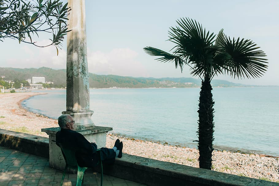 person, sitting, looking, sea, nature, landscape, old, man, people, relax