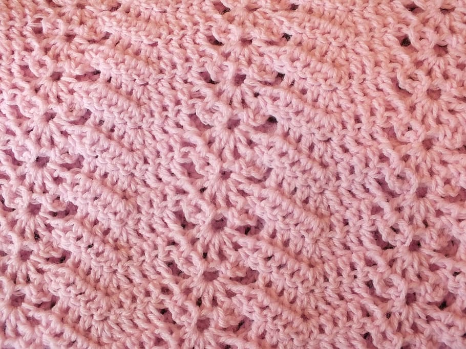 pink knitted textile, yarn, pink, crochet, blanket, afghan, stitching, shell stitch, texture, craft