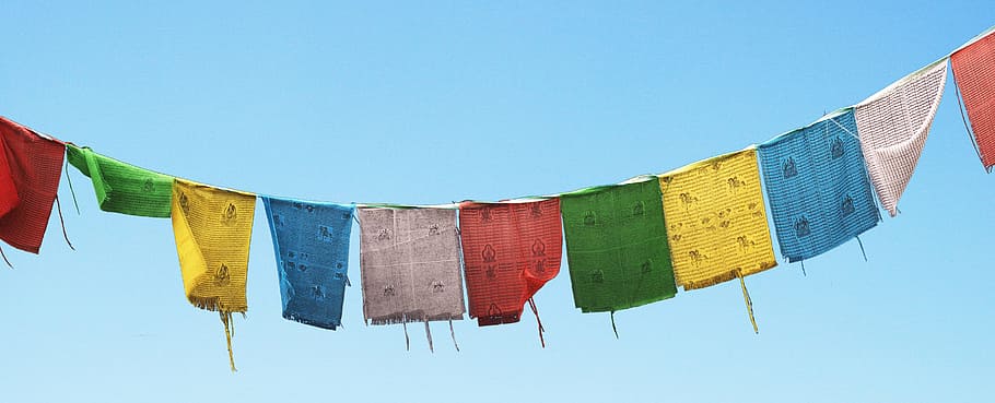 banderas, banderas de oración, cielo, budismo, oración, creer, banderas de oración tibetanas, color, viento, golpe