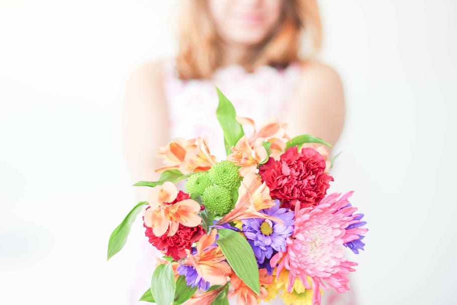 selective, focus photography, woman, holding, bouquet, colorful, flower, gift, people, girl