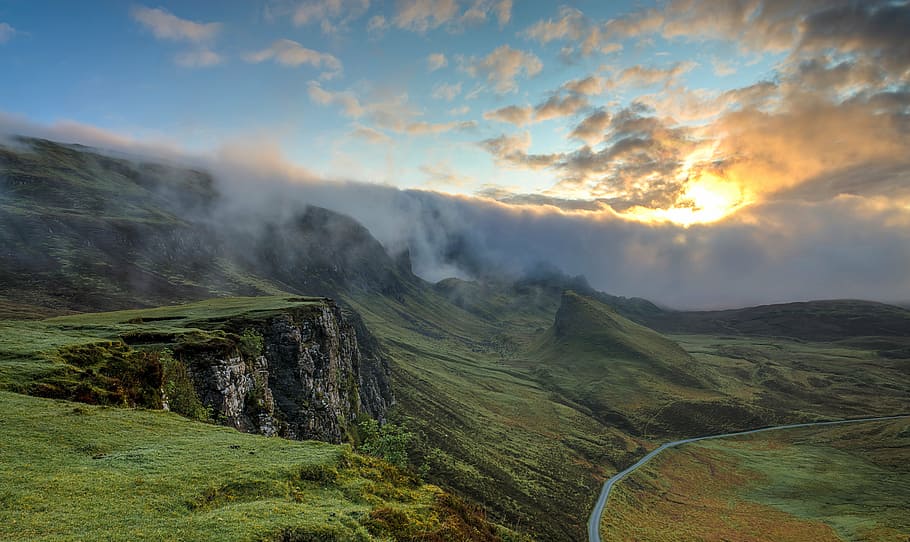 gronelândia com nevoeiro, verde, grama, sair, montanhas, montanha, colina, paisagem, viajar, vista