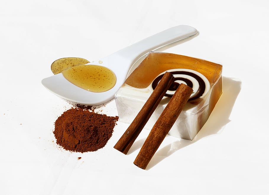 miel, polvo, caja, blanco, superficie, producto, jabones, hecho a mano, miel y canela, cosmético