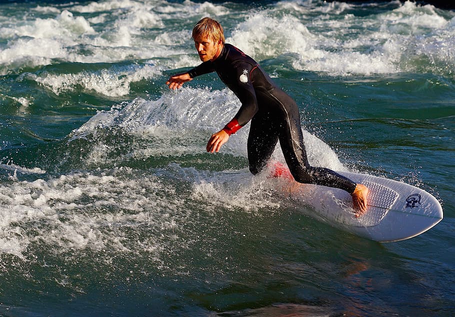 man surfing, daytime, surf, surfer, surfboard, river, wave, wetsuit, sport, sea
