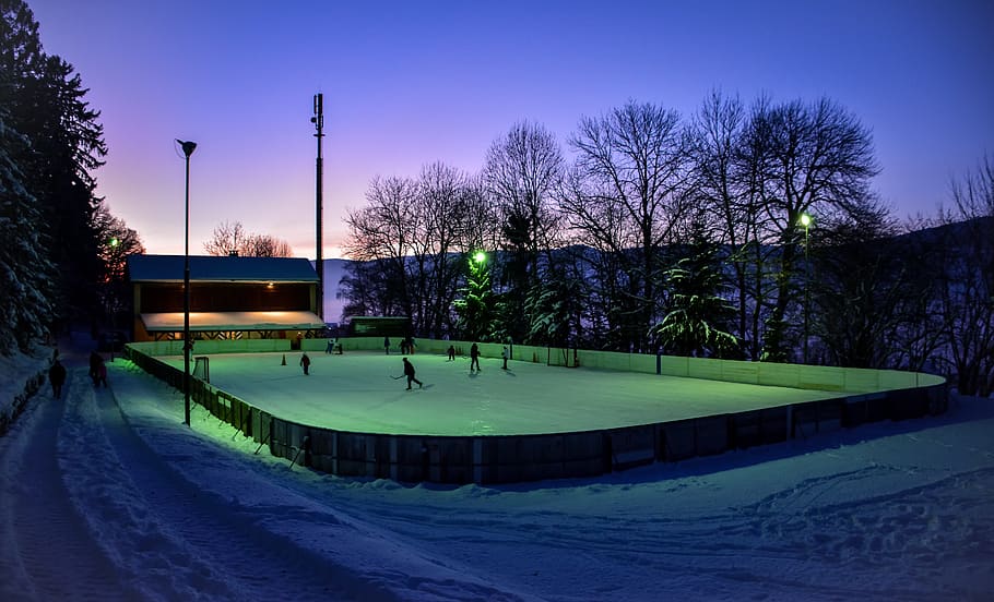 ice rink, winter, cold, skating, natural, hockey, gel, twilight, colors, landscape