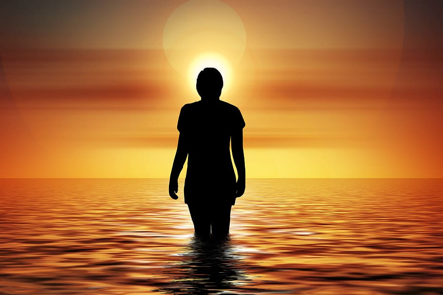 silhouette woman, calm, body, water, sunset, swim, ritual, meditation, suicid, suicide