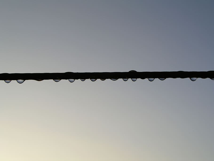 dawn, drops, line, dew, spring, sky, clear sky, copy space, metal, low angle view