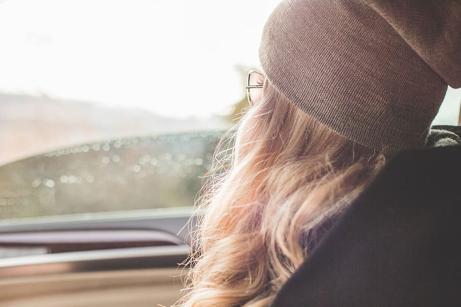 &, looking, Young, amp, Beautiful, Blonde, Girl, Looking Out, Car Window, autumn