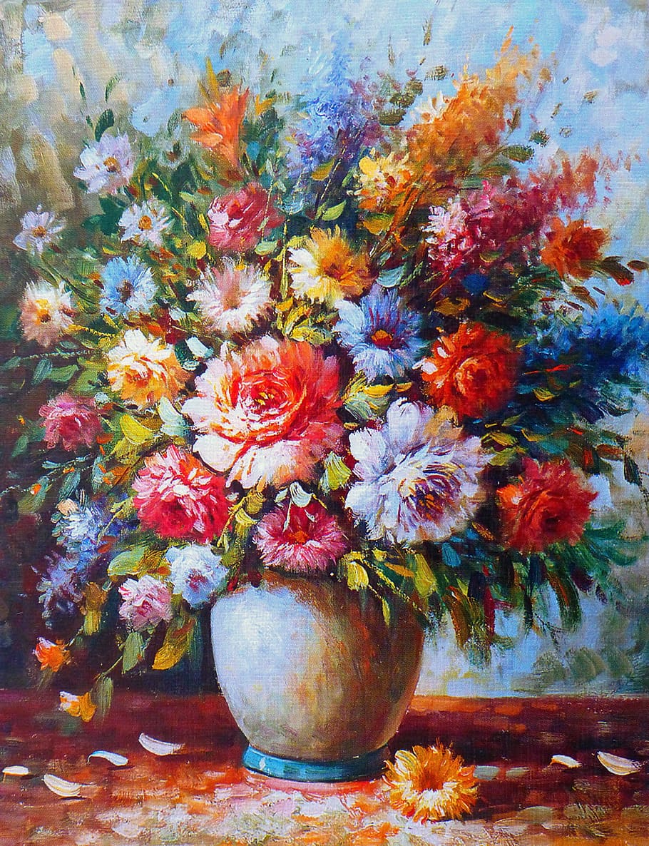 flower arrangement, vase oil painting, vase, oil painting, painting, art, artwork, flowers, bouquet, colorful