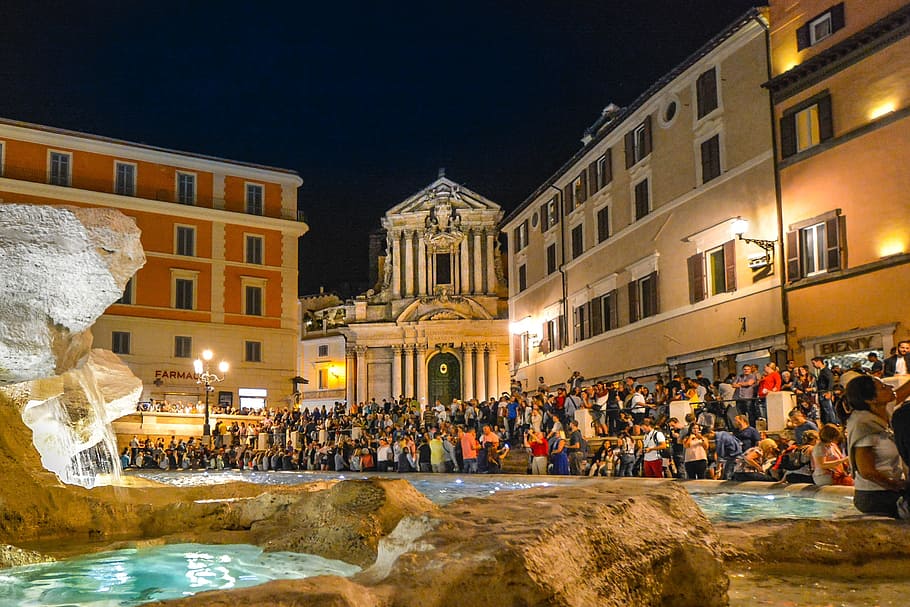 Trevi, Fountain, Italy, Rome, Evening, trevi, fountain, night, crowds, tourism, tourists
