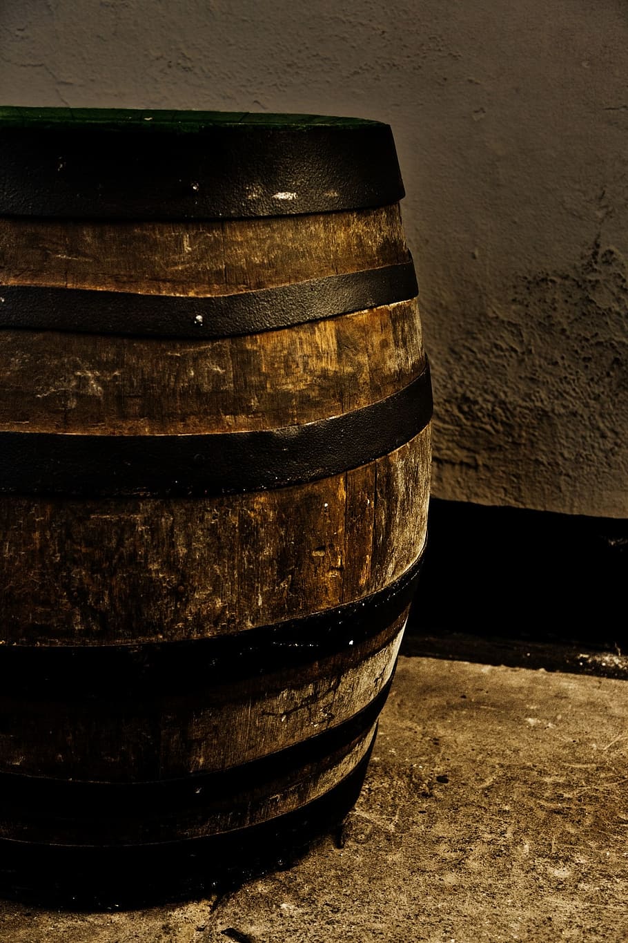 brown, black, wooden, barrel, gray, concrete, surface, beer, wood, alcohol