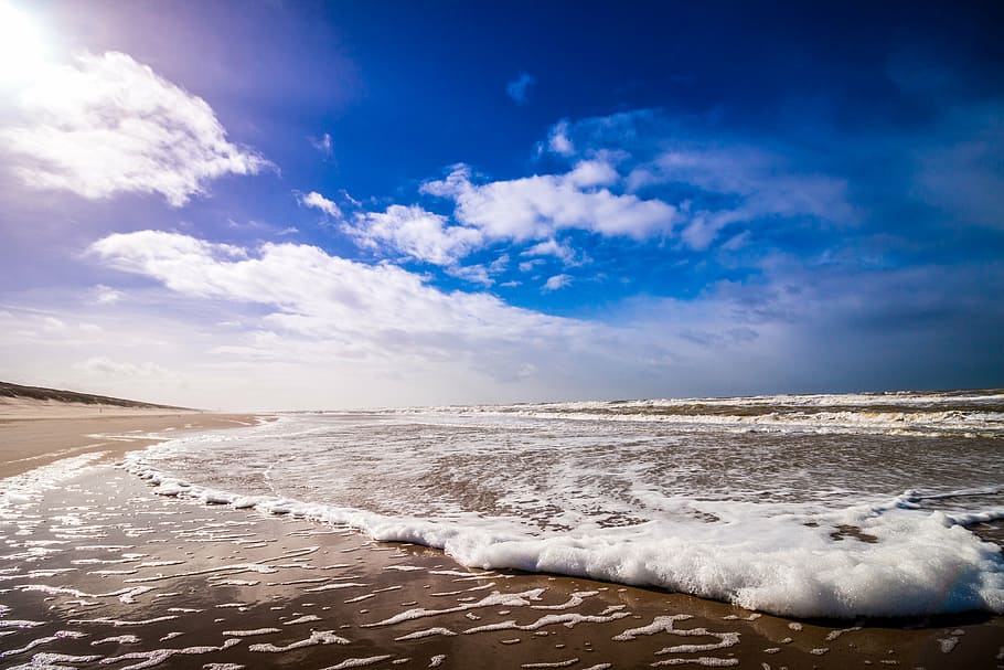 linha costeira, nublado, céu, oceano, ondas, beira mar, claro, azul, natureza, costa