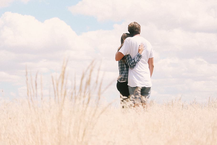 hugging, man, woman, standing, wheat field, daytime, white, grass, field, sky