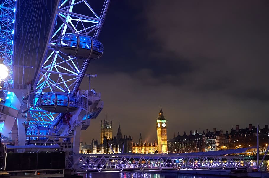 The Eye, Londres, fotografía nocturna, London Eye, azul, Reino Unido, Parlamento, medios de transporte ferroviario, radios, Inglaterra
