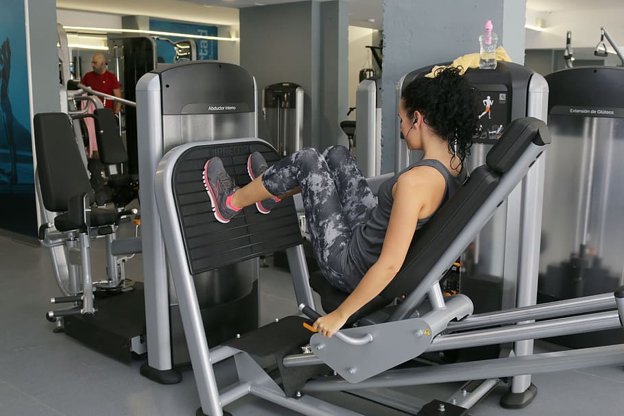 woman, using, leg press exercise equipment, Crossfit, Gym, Fitness, Training, fitness, training, pilates, sports