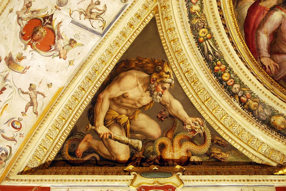 man, dragon, painting, art, ceiling, particular, palazzo, old, florence, tuscany