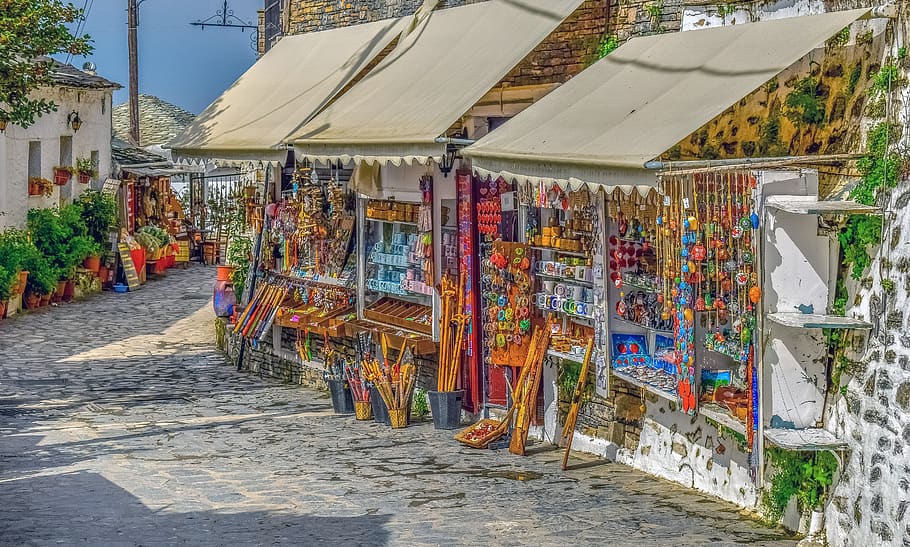 mercado, tiendas, tiendas de souvenirs, calle, pueblo, makrinitsa, pelio, grecia, arquitectura, multicolores