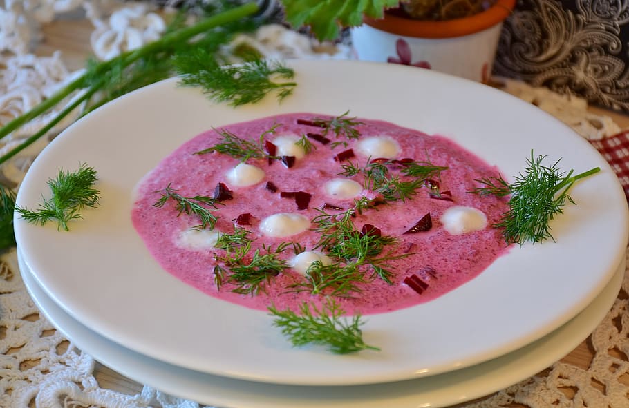 strawberry soup, white, ceramic, plate, beetroot, soup, eat, food, delicious, salty
