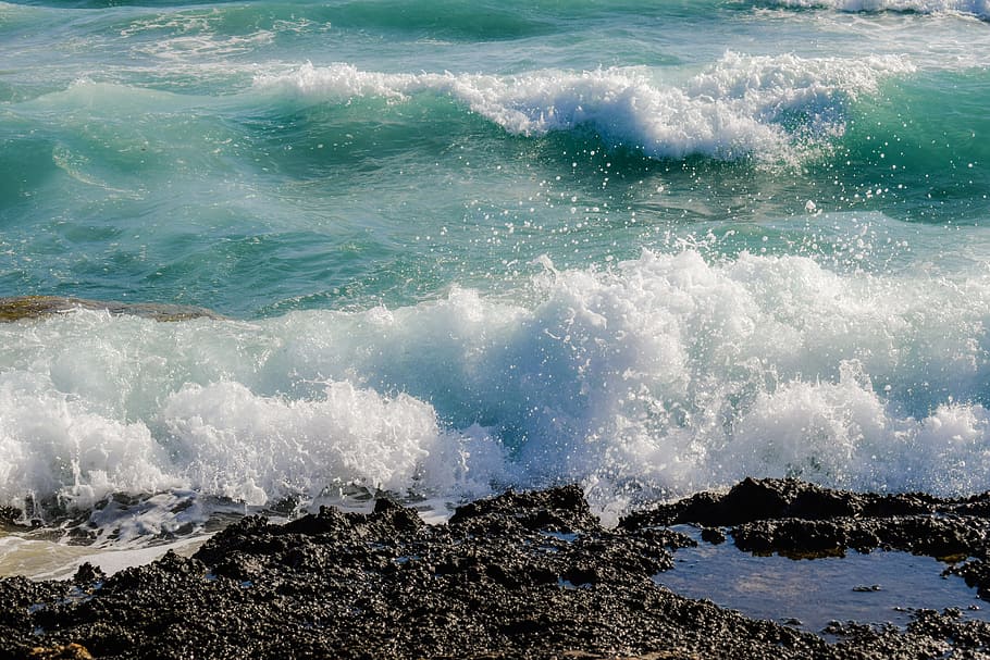 写真, 水の波, 岩の多い海岸, 波, 海, 青, 自然, 滴, スプレー, 泡